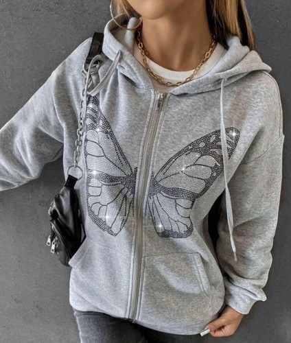 Graue Schmetterlingsjacke mit Reißverschluss und Hoodie und Strass NEU - Größe M - Bild 1 von 2