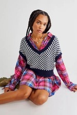 Free People Zoey Plaid Mini Dress Size Medium Color Pink