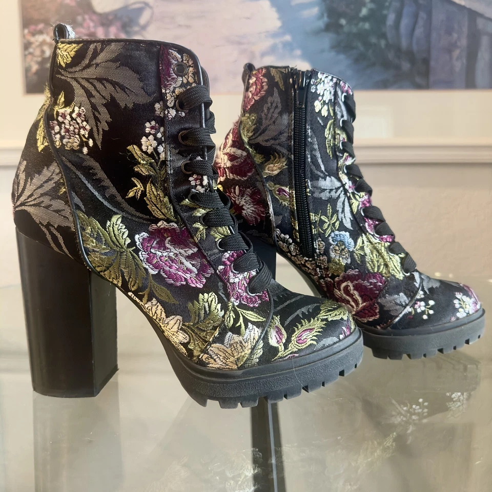 Steven Madden Laurie Negro Rosa Verde Brocado Tela Floral Botín Alto Talla 7.5 Foto 3 de 4