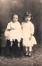 Antique Photo Sisters Girls Children Crochet Woven Dress Fashion Postcard G20