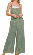 Zenana Green Double Gauze Cotton Wide Leg Overalls Jumpsuit Boho Medium, NWT