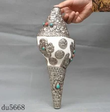 conch shell Inlay Tibet silver turquoise 8 treasures symbol Trumpet Horn Shell