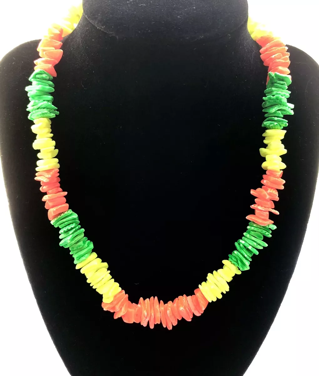 Neon Puka Shell Chip Necklace Yellow Orange Colorful Beach Ocean