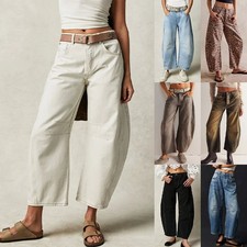 Ladies Wide Leg Mid Waist Denim Mid Rise Barrel Jeans Cropped Pants Loose Jeans