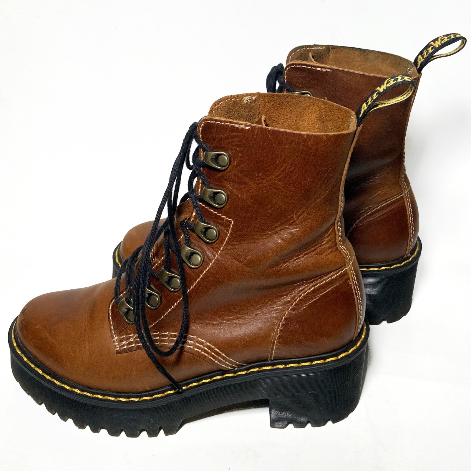 Doc Martens Leona Platform Boots Butterscotch Brown Leather US 6 EU 37 Lace Up thumbnail 3