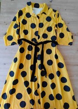 Bright Yellow Women's Dress, Black Polkadot, Front Buttons, XL 42 size
