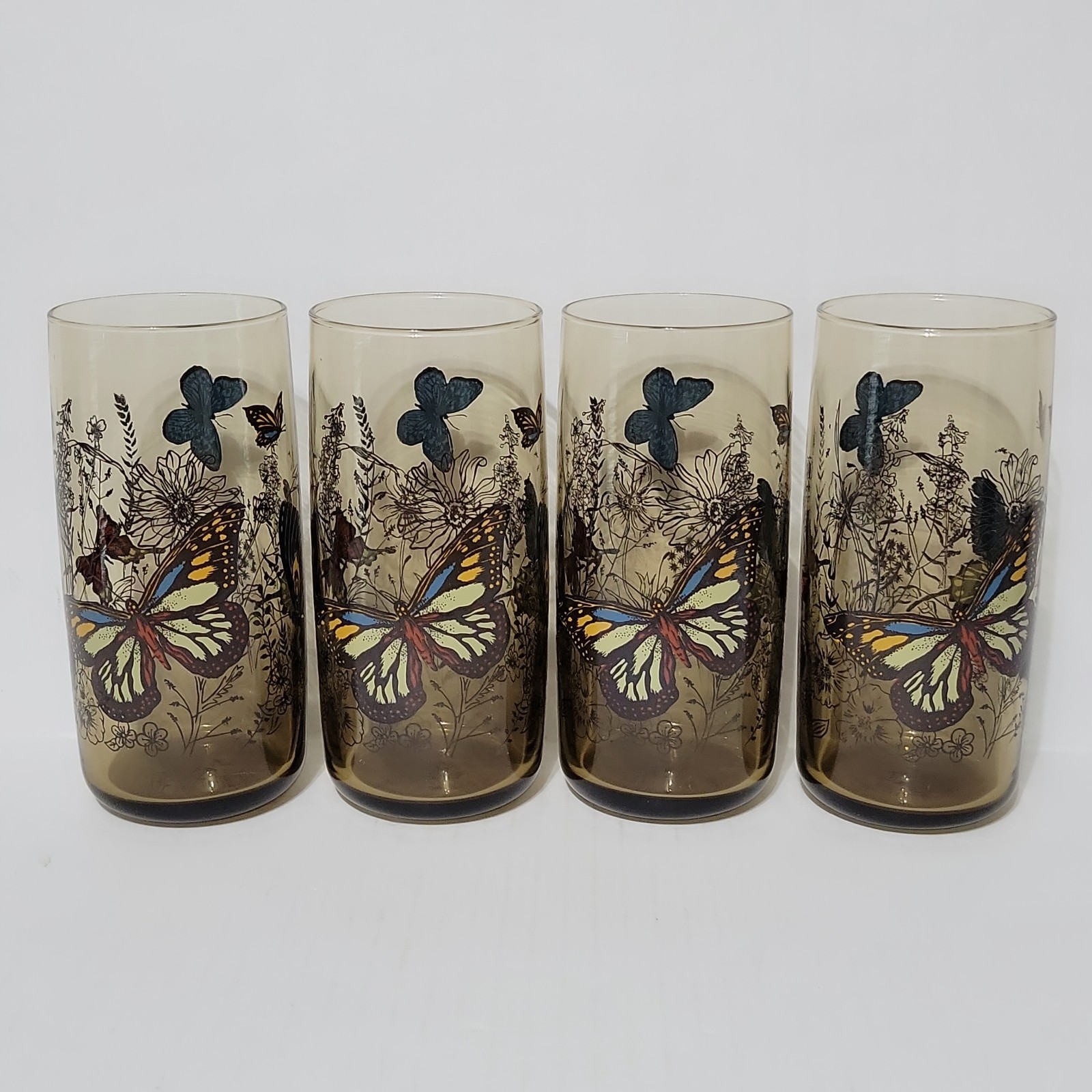 4 Anchor Hocking RETRO 70s Glass Butterfly Garden 15 Oz HIGHBALL TUMBLER GLASSES