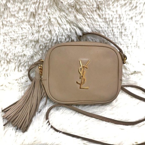 YSL Saint Laurent Crossbody Shoulder Bag Beige Leather Tassel Gold Logo Women's