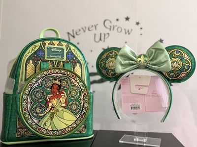 LOUNGEFLY DISNEY PRINZESSIN TIANA GLASMALEREI SAMMLUNG MINI RUCKSACK & OHREN NEU