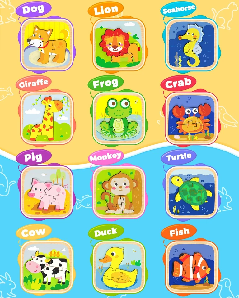 Wooden Toddler Puzzles, 12pcs Animal Montessori Toys for 1-3 Year Old Boys & ... - Image 4 of 4