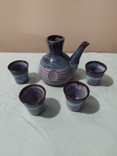 Japanese Sake Serving Set, Mid Century, Stoneware Pottery, 5 Pieces. 