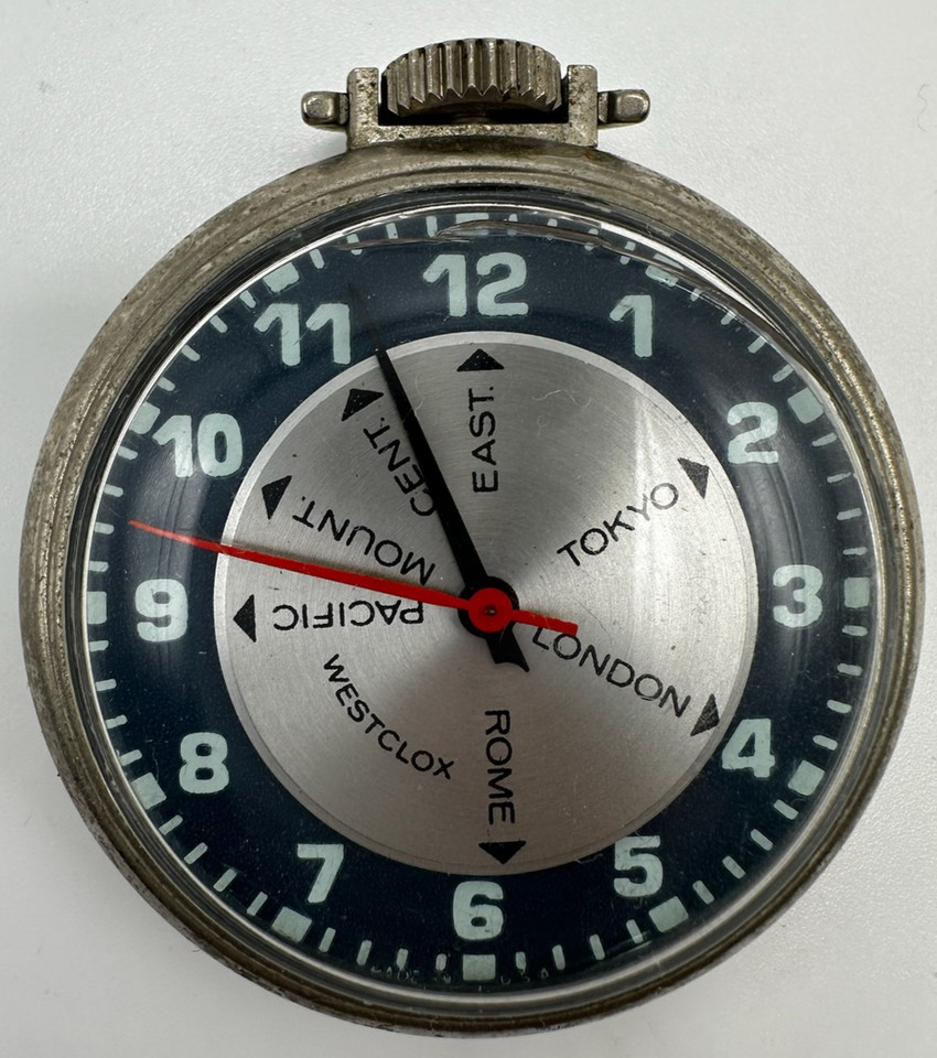 A Westclox World Time Pilot pocket watch — a quirky dual-time-zone relic from the jet age that actually runs.