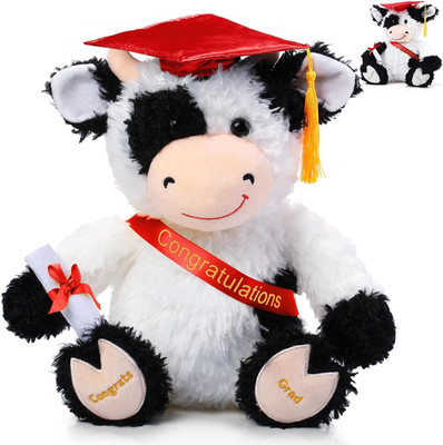 Chalyna 10'' Graduation Cow Plush with Hat Diploma Sash Red Gift Decoration