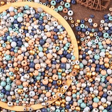 ToBeIT1420pcs Wooden Beads Wood Macrame Bead Farmhouse Small, bluegold-mix