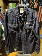 Vtg Carhartt FR Flame Resistant Canvas Work Shirt Medium M Blue Uniform Patches