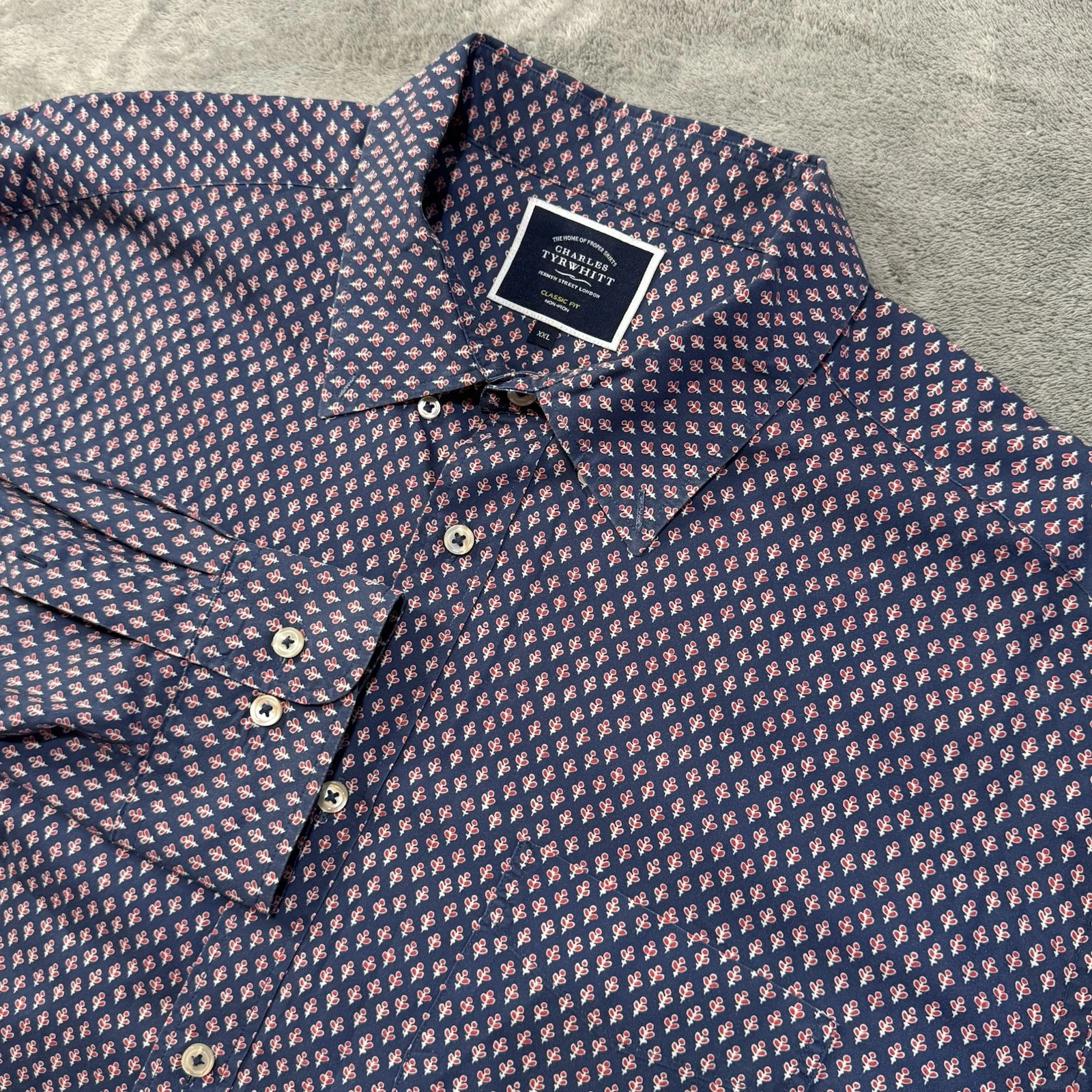 Charles Tyrwhitt Shirt Mens 2XL Navy Non-Iron Classic Fit Floral Button Down XXL