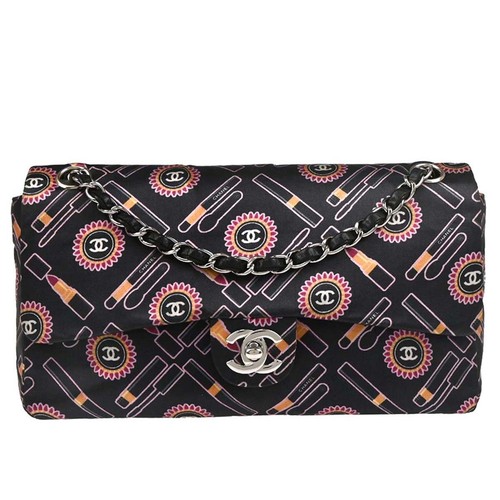Chanel Black Satin Lipstick Classic Single Flap Shoulder Bag 165715
