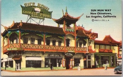 c1950s LOS ANGELES, Calif. Linen Postcard New Chinatown SUN MUN WAY RESTAURANT