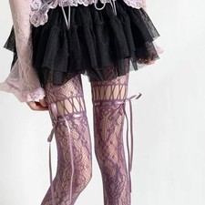 Women Sexy Fishnet Tights Hollow Lace High Elastic Soft Pantyhose With Bowknot ；