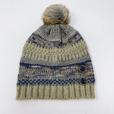 Boutique Striped Knit Beanie Hat with Pom Pom Cream Blue Button Detail