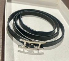 Authentic HERMES Api Bracelet Black Leather Long Wrap Bracelet Silver H Buckle