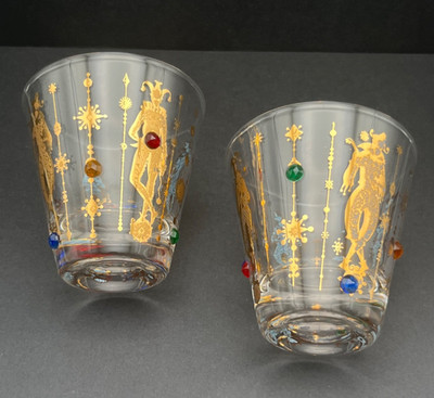 Rare Size Culver Mardi Gras Jeweled Jester Glasses, 1960 Set 2 Mid Century 2.75''