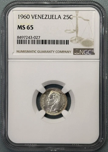 Venezuela 1960 25 Centimos 1 Year Type Silver Coin ChBU NGC MS65 Y35a