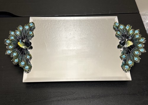 Vassoio vanità specchio pavone peltro strass smaltati vintage - Foto 1 di 15