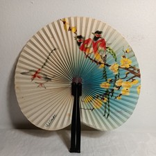 Vtg Oriental Fan Folding Hand Held Paper Metal Latch Handle Birds 11 x 10 Inch