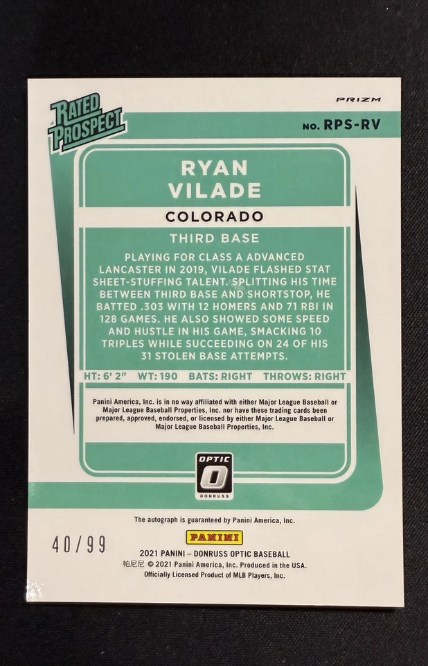 Ryan Vilade 2021 Donruss Optic Rated Prospect Green Mojo Auto #’d /99 Rockies RC - Image 2 of 2