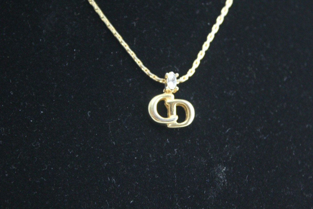 Christian Dior CD Logo Gold Tone Chain Necklace Rhinestone