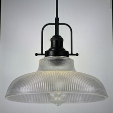 12-inch Glass Pendant Light for Kitchen Island, Black Fixture, Ribbed Glass,