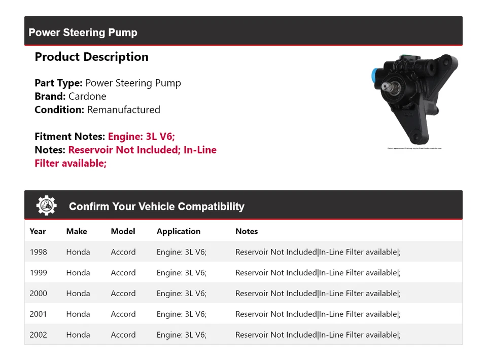 适用于 1998 - 2002 年本田雅阁 3L V6 动力转向泵 Cardone 1999 2000 2001 — 第 2/4 张图片