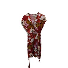 NINE WEST Size M Faux Wrap Dress Ivory Rust Black Floral Short Sleeve Stretch