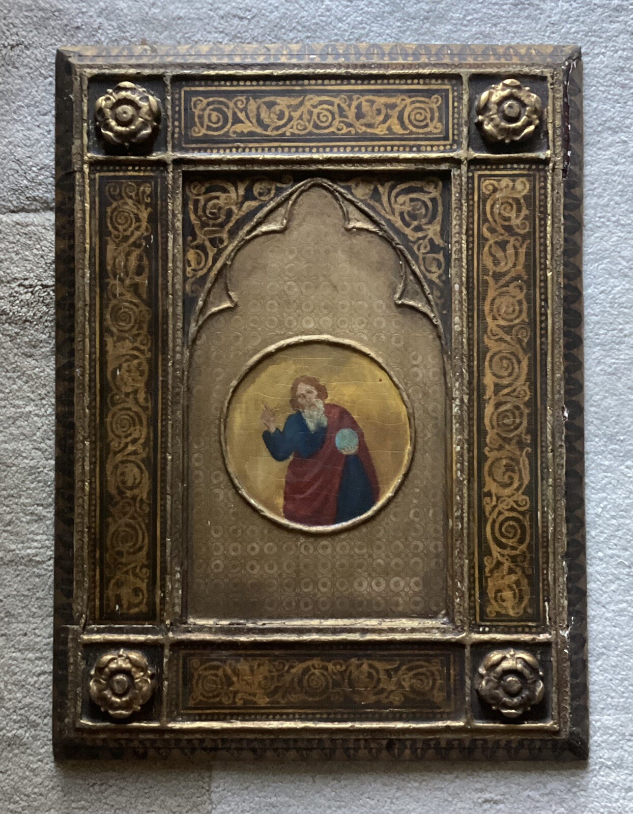 16th/17th C. Italian Old Master Antique Oil On Ornate Wood Panel Religious Icon