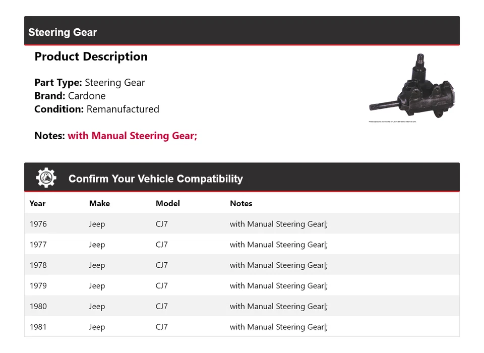 Para Jeep CJ7 1976-1981 engranaje de dirección Cardone 1977 1978 1979 1980 Foto 2 de 4