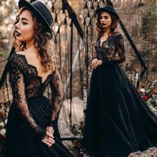 Gothic Black Wedding Dresses V Neck Long Sleeve Backless Tulle A Line Bride Gown