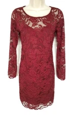 ambiance Burgundy Lace Sheath Mini Fit & Flare Dress Crew Neck Women Size S