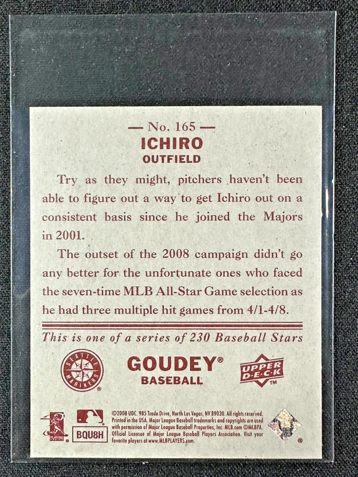 Ichiro Suzuki 2008 Upper Deck Goudey #165 Seattle Mariners - Imagem 2 de 2