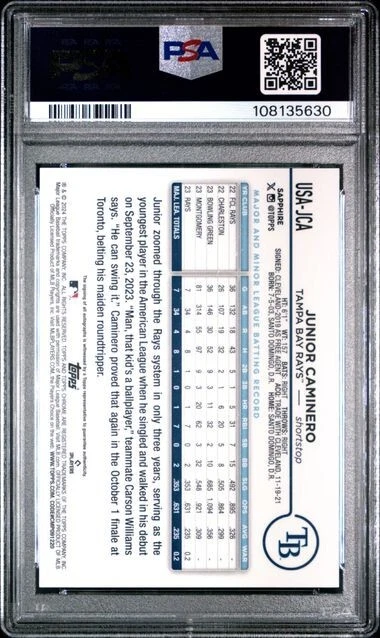 JUNIOR CAMINERO 2024 TOPPS CHROME SAPPHIRE GREEN AUTO RC /99🔥PSA 9🔥 - Image 2 of 2