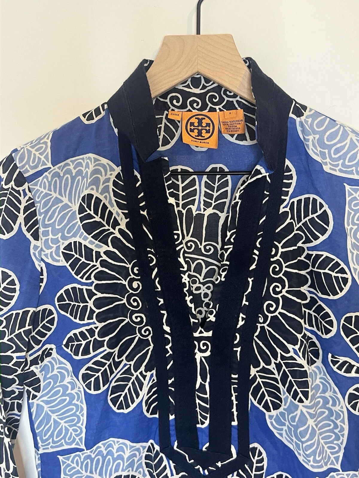 Top tunica Tory Burch blu stampa Tory donna taglia 2 100% cotone vacanze