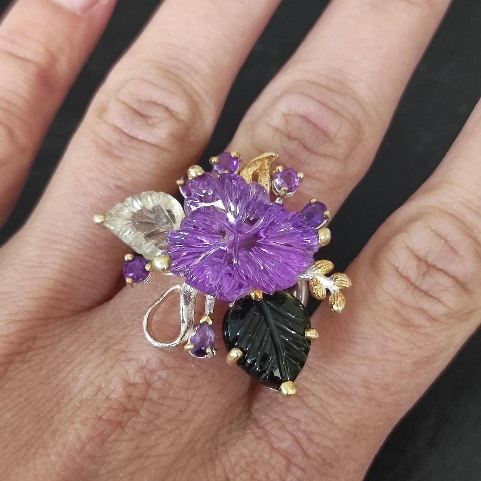 Amethyst Blumen Ring 925 Sterlingsilber Handarbeit geschnitzt Größe 60 R2013 - Bild 2 von 4