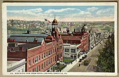 Danville Virginia Hotel Leeland Aerial View Vintage 1909 Postcard Posted 1918
