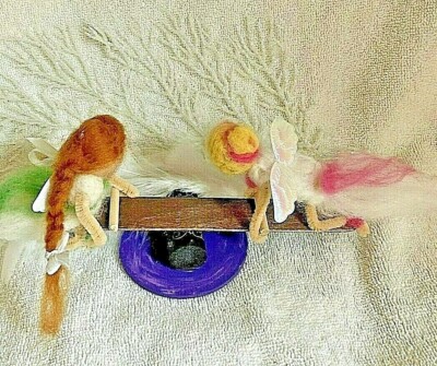 -HANDMADE needle felted wool pixies, fairies having fun on a teeter totter, set 