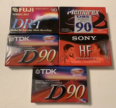 Blank Cassette Tapes Lot of 5 - 90 Min Mixed Fuji Sony Memorex TDK