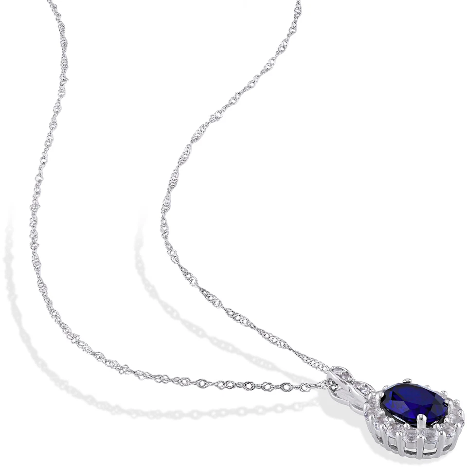 Zafiro creado en oro blanco de 14k Amour, topacio blanco, diámetro. Juego de collar y pendientes Foto 3 de 4