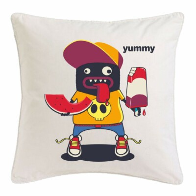 KISSENBEZUG 40X40cm YUMMY MONSTER BEIM EIS ESSEN MIT MELONE SOFTEIS MILCHREIS