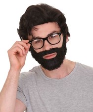 Men's Medium Length Side Part Black Straight Bearded Wig with Glasses HM-1385