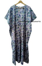 Indian Cotton Loose Short Sleeve Floral Print White Free Size Boho Caftan Dress