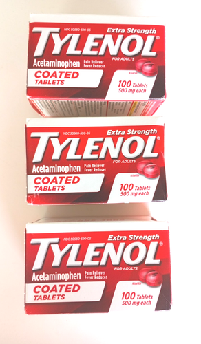 3 Bottles 100 Tylenol Extra Strength Tablets 500mg Acetaminophen Expire Mar 2026 - Picture 1 of 2